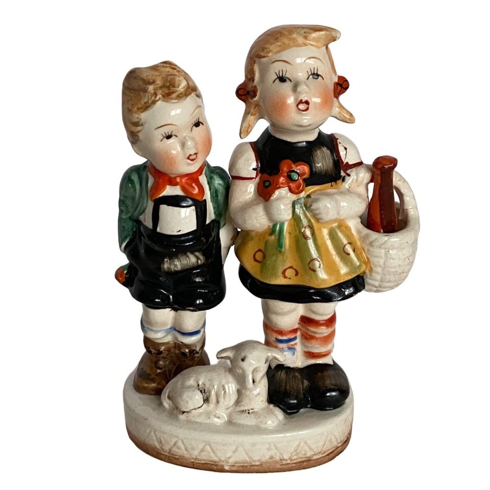 MCM Boy Girl Lamb Figurine Hand Painted Occupied Japan Vintage Repaired READ